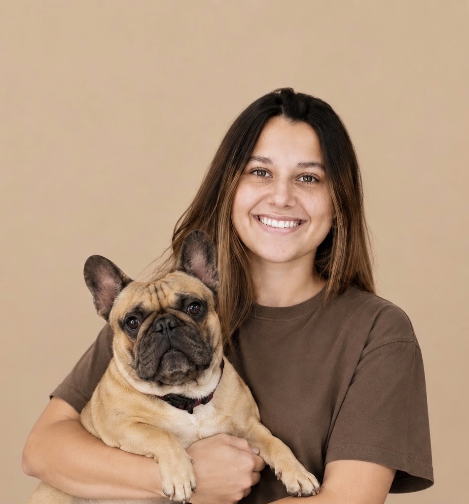 Olena holding a French Bulldog
