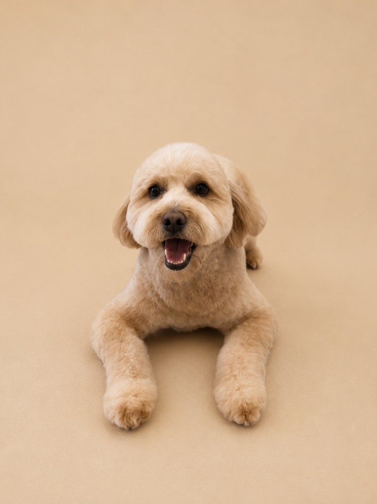 Cream doodle lying down after grooming