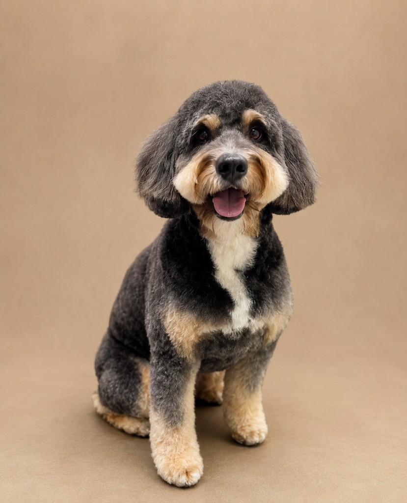 Tri-color doodle sitting after full groom
